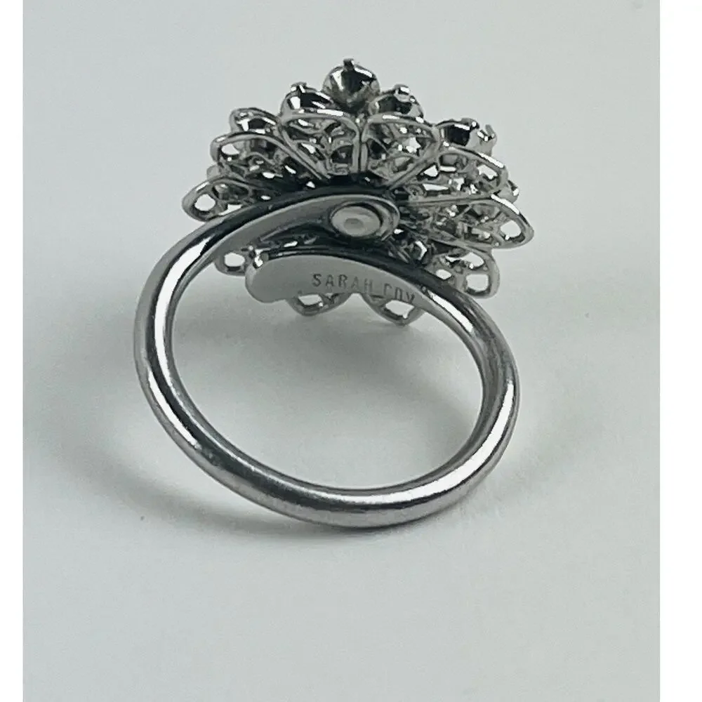 SARAH COVENTRY Rhinestone Flower Ring Silver Tone Vintage Signed Tiered Layered